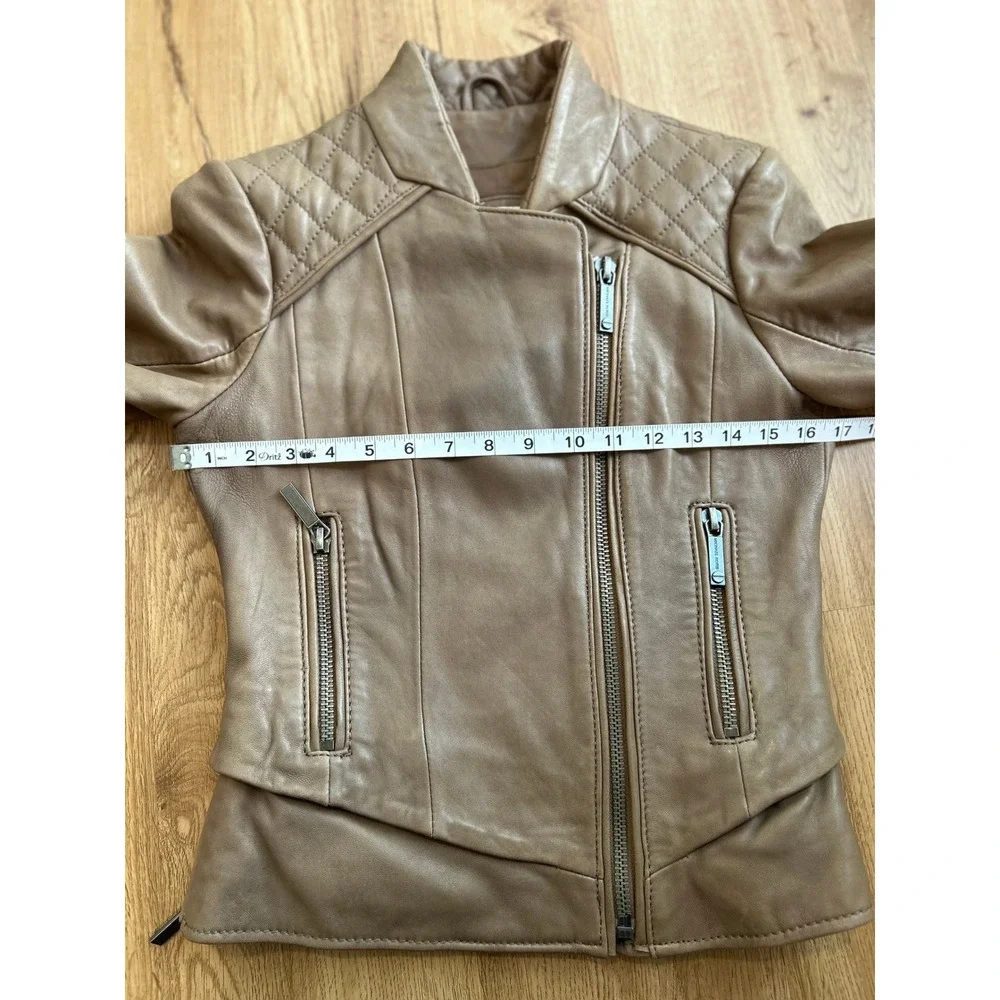 MICHAEL Michael Kors Genuine Leather Moto Jacket Sz XS Taupe Brown Quilted Biker